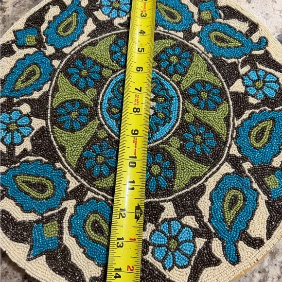 Hand Beaded MCM Vintage Round Placemats 15” Aqua Green Brown Flower Design Retro